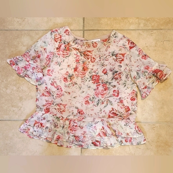 Adrienne Vittadini Ruffle Floral Top, Cream & Pink Floral, Small - Picture 4 of 9